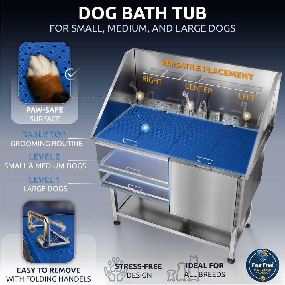 KANIS adjustable floor grate tailors height to reduce back strain during grooming.