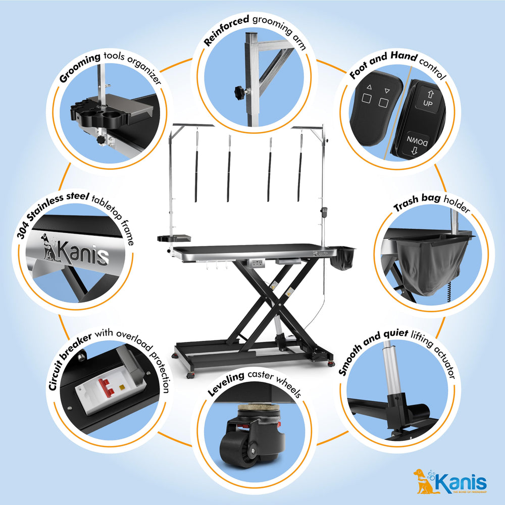 KANIS anti-slip tabletop and trash bag holder maintain a tidy, safe grooming area.