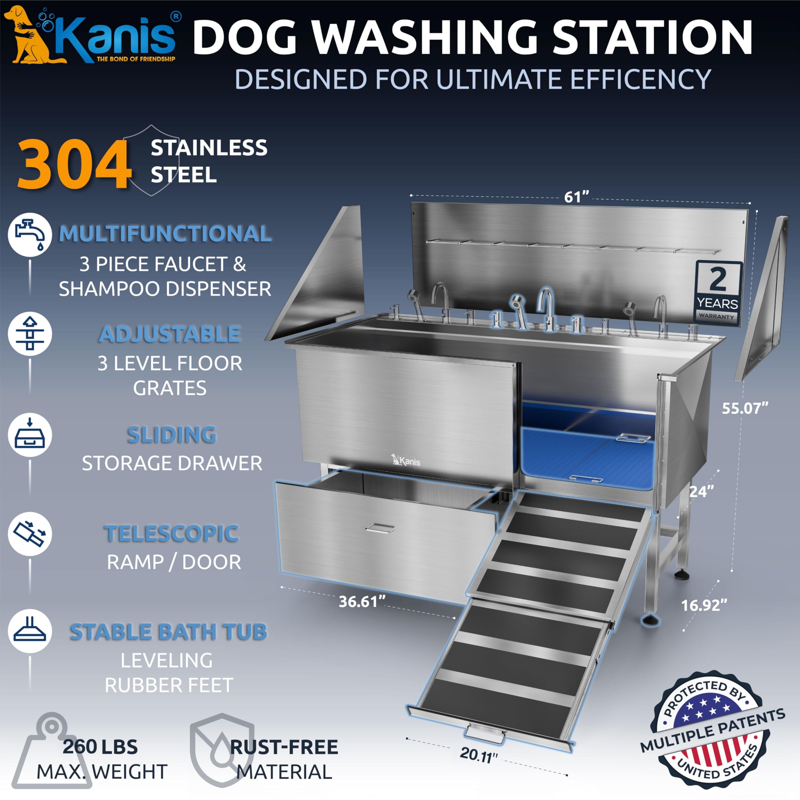 KANIS 304 stainless steel dog bath tub close-up highlighting rust resistance for durable use.