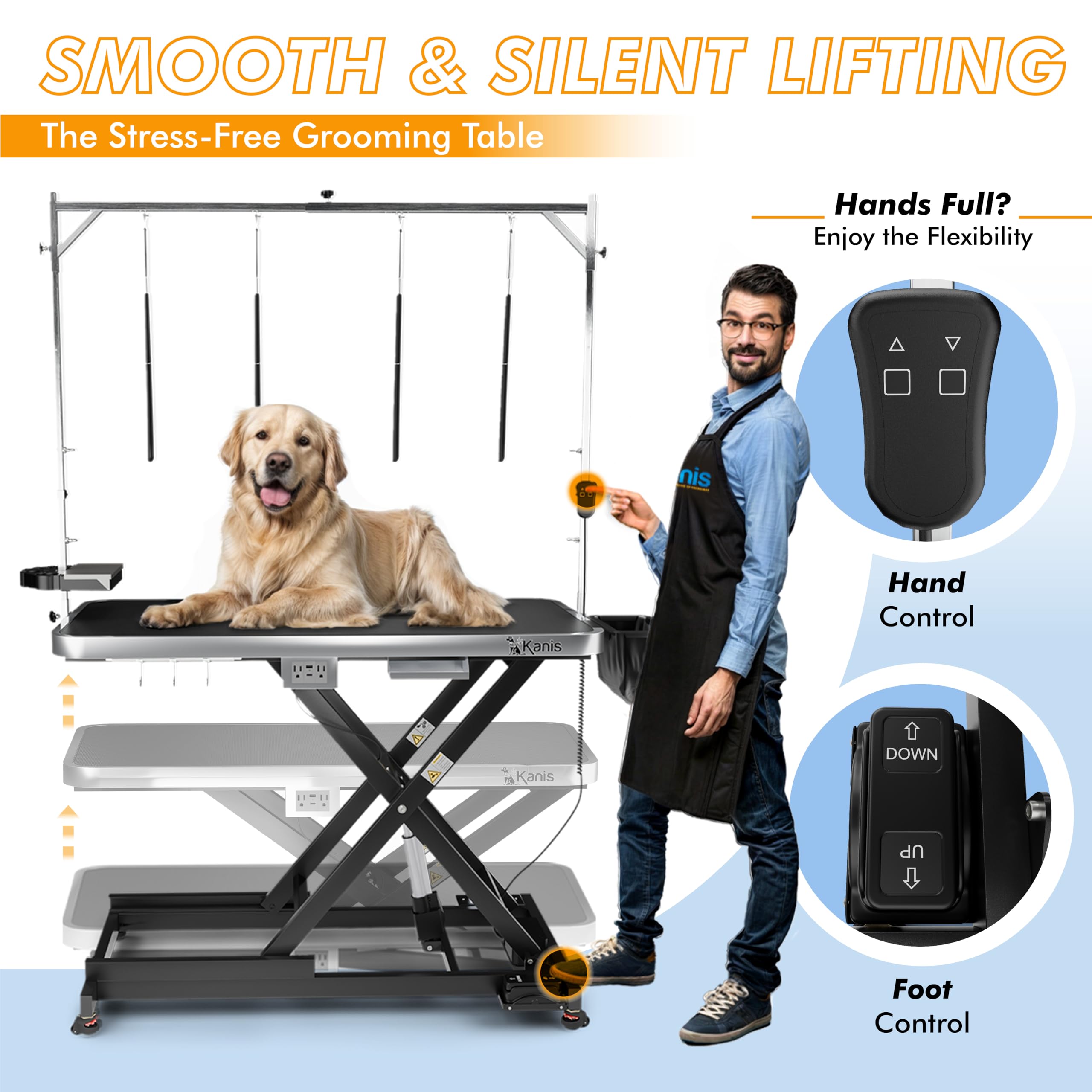 KANIS dog grooming table overhead bar and restraints improve safety during trims.