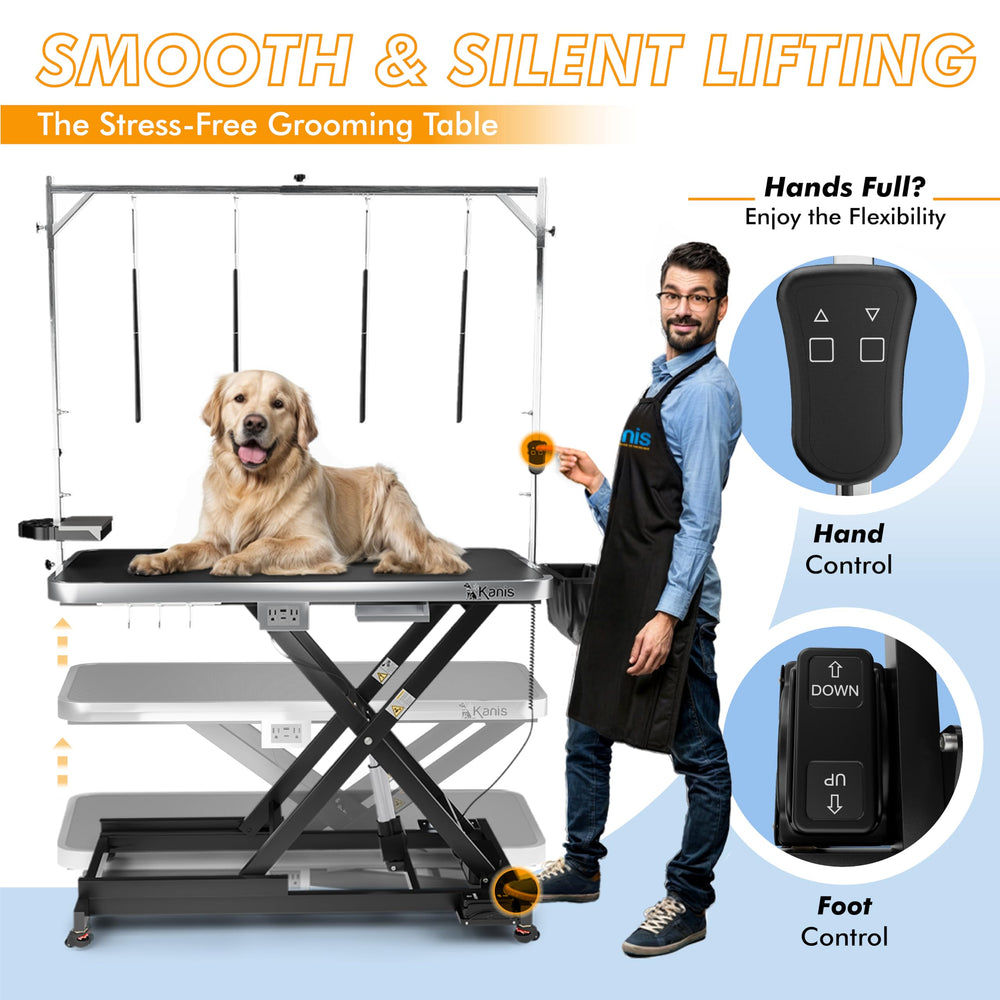 KANIS dog grooming table overhead bar and restraints improve safety during trims.