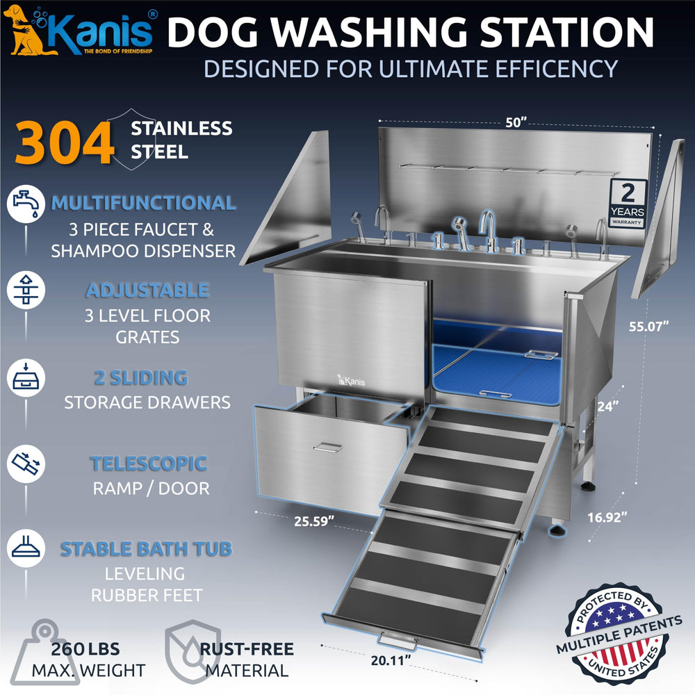 KANIS dog wash station right-drawer storage; organized tools within reach.