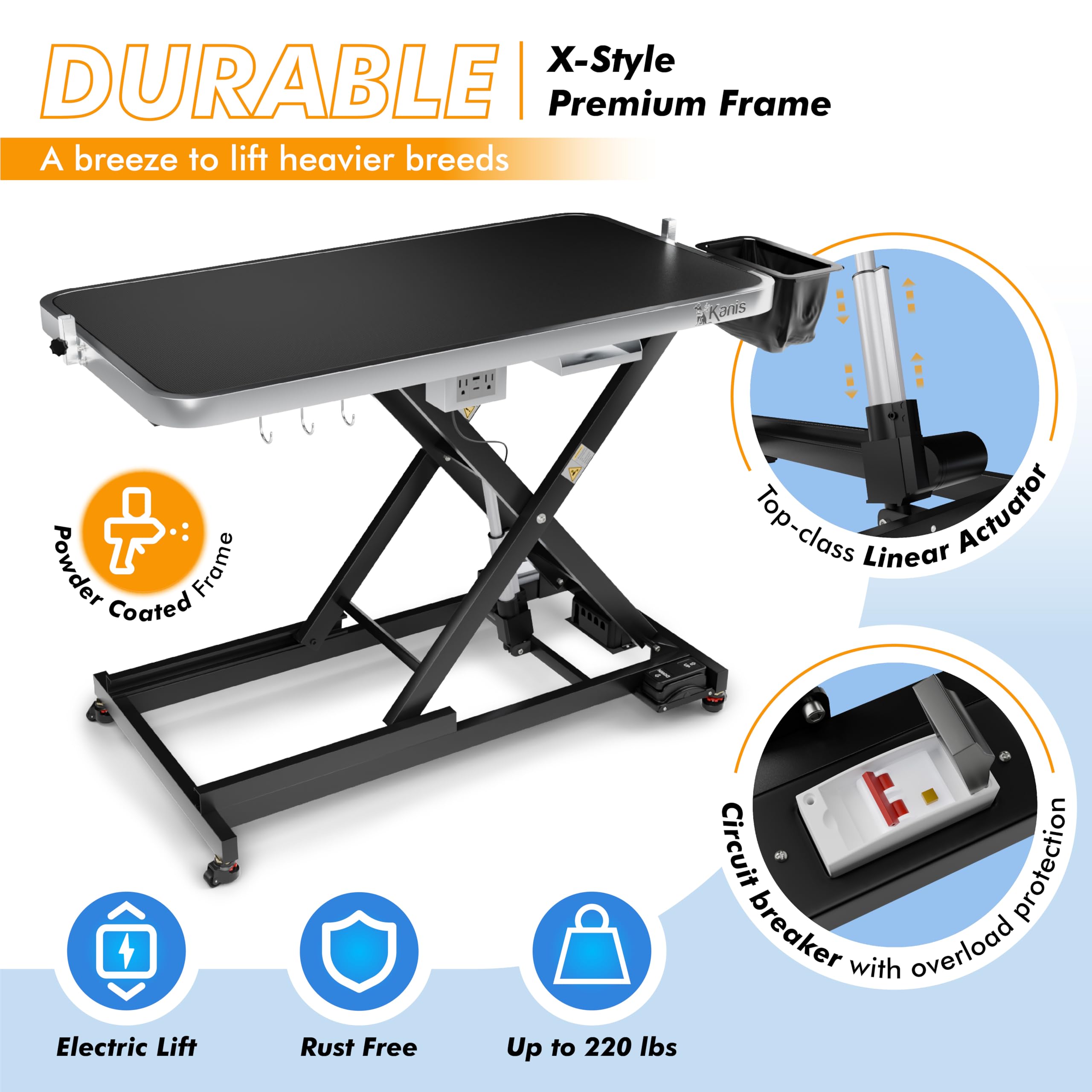KANIS electric dog grooming table height adjustment action supports ergonomic grooming heights.