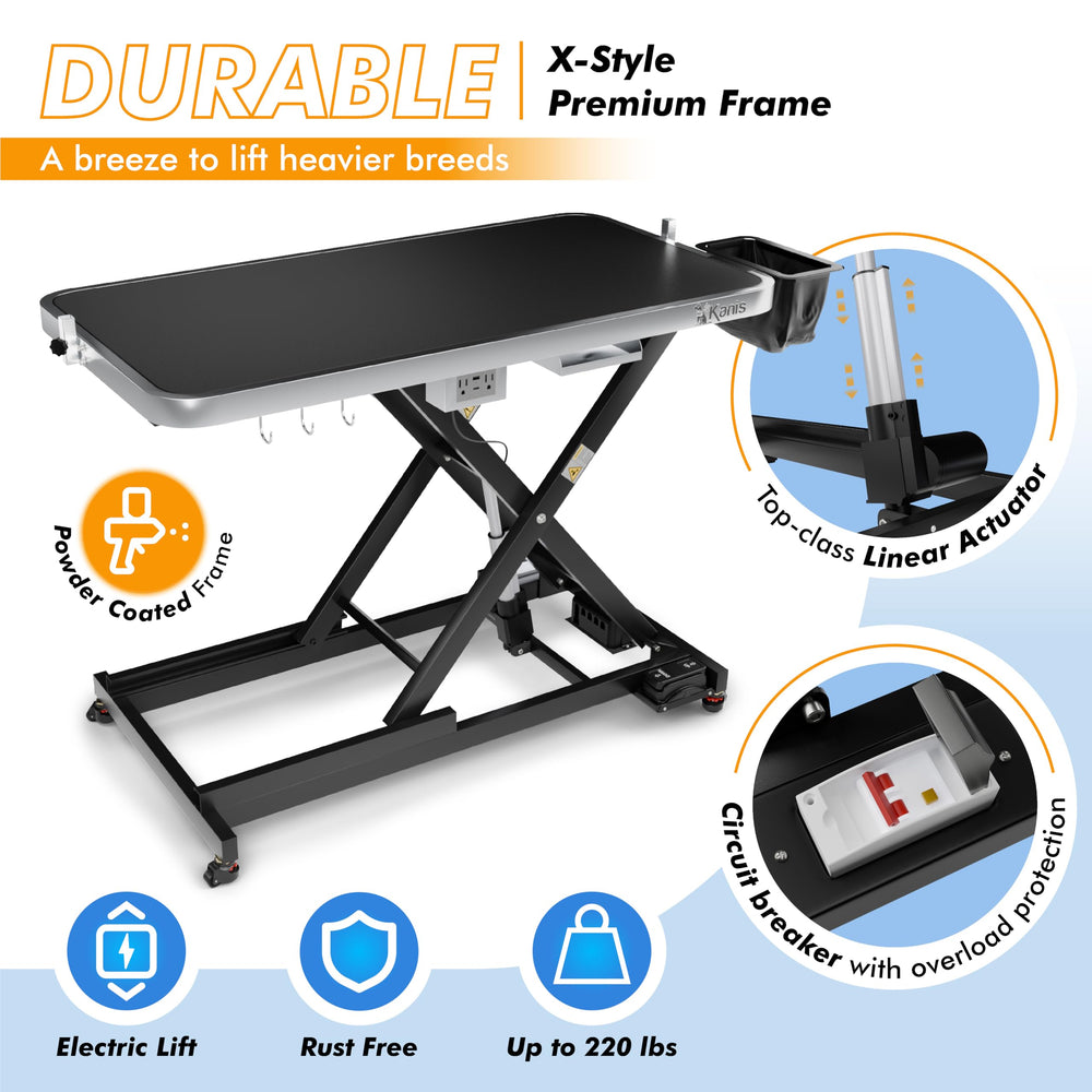 KANIS electric dog grooming table height adjustment action supports ergonomic grooming heights.
