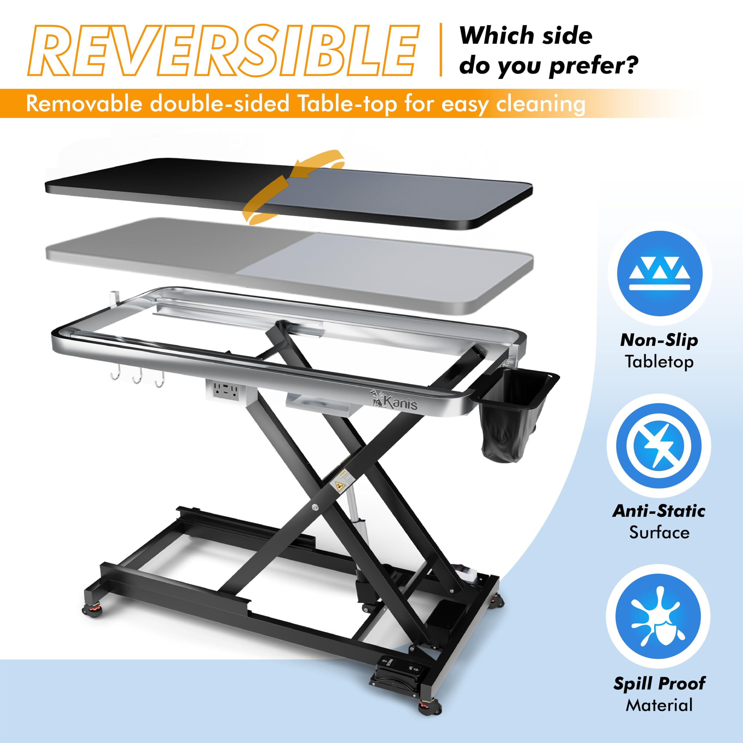 KANIS grooming table leveling wheels retractable allow quick setup with stable positioning.