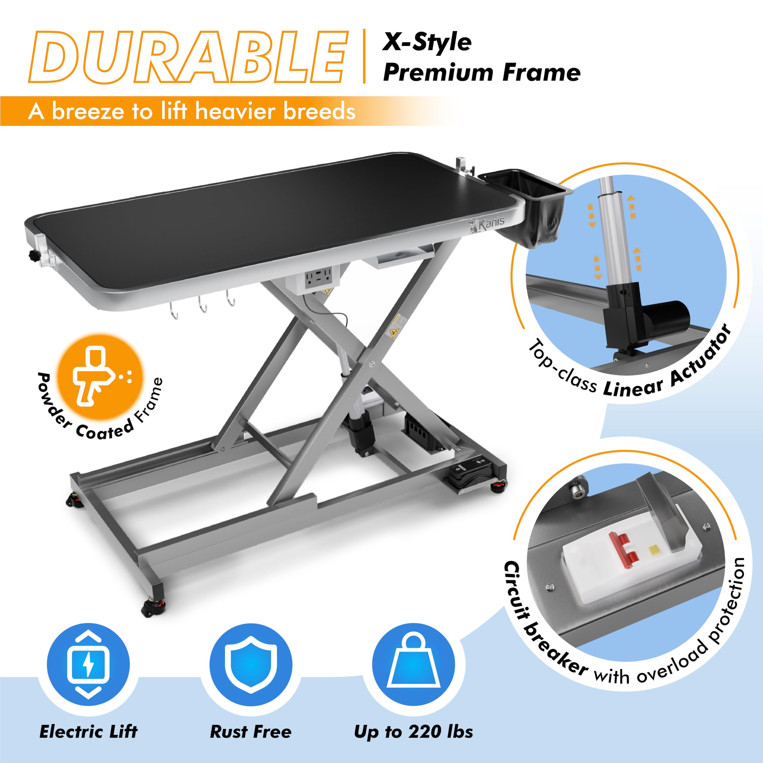 KANIS height-adjustable dog table enables comfortable grooming for pets of all sizes.