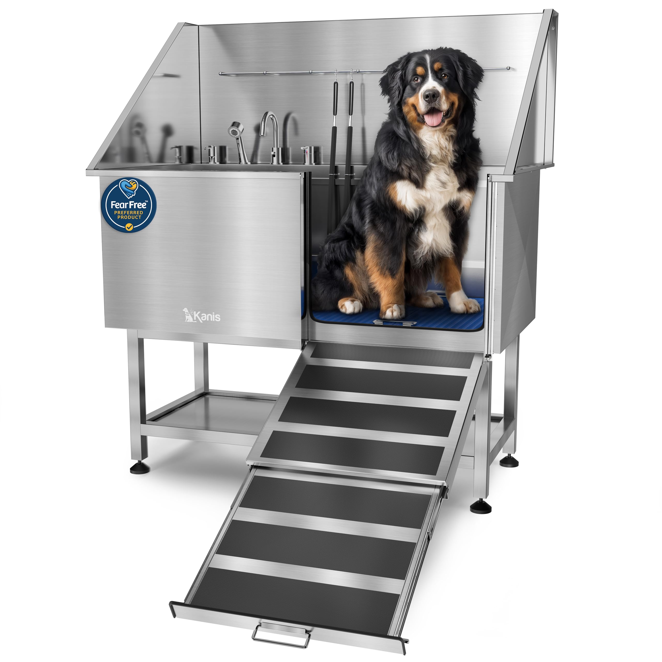 KANIS Professional Dog Washing Station with 50-inch shelf and right ramp supports efficient grooming tasks.