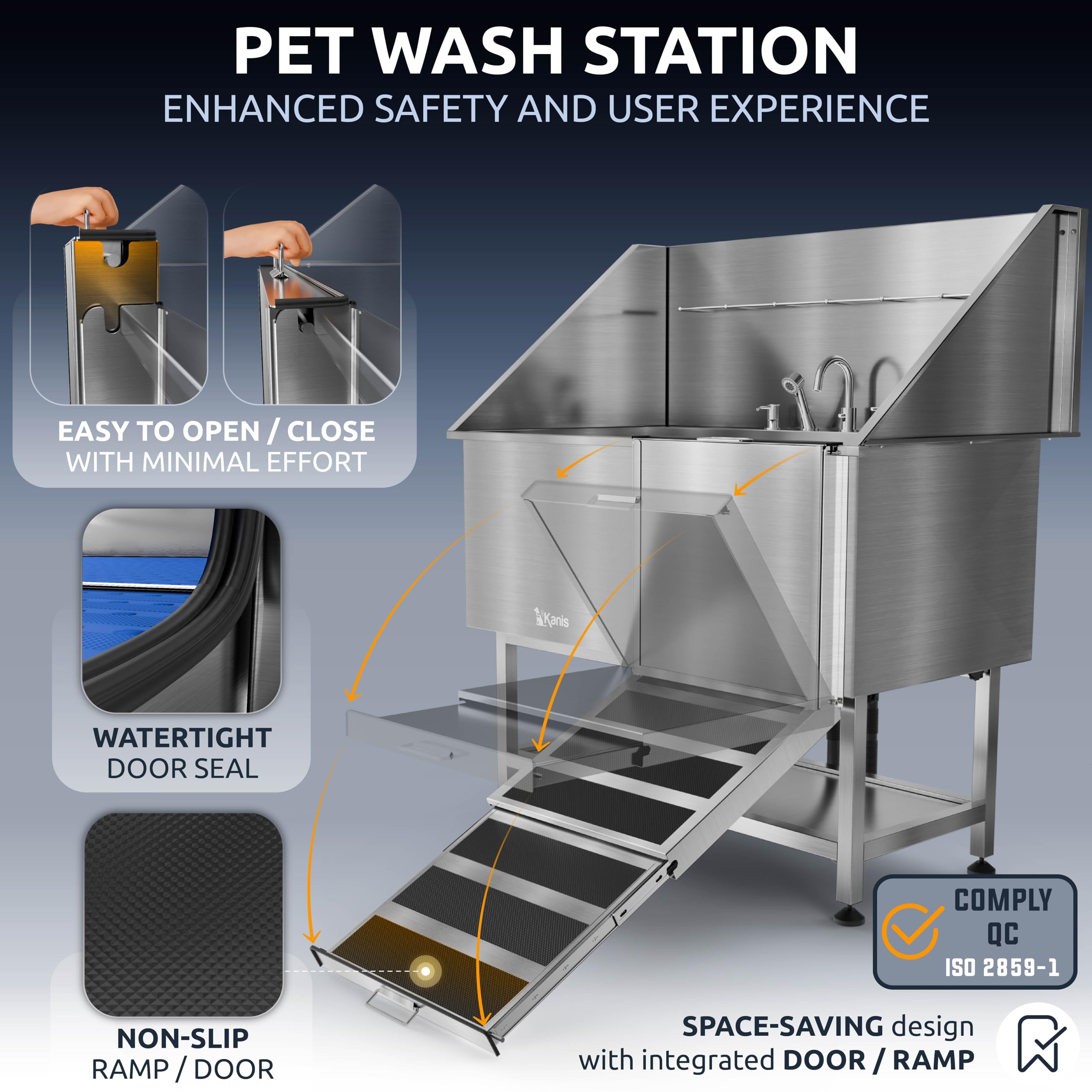 KANIS dog washing station ramp door showcases smooth operation for stress-free senior dogs.