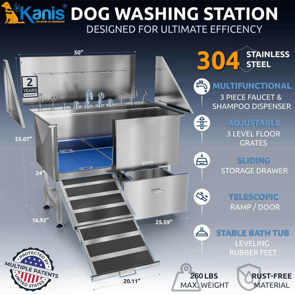 KANIS professional dog washing station side view showing rust-resistant stainless steel.