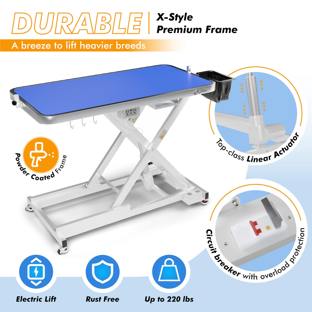 KANIS grooming table side view highlighting height adjustable mechanism for comfortable posture during sessions