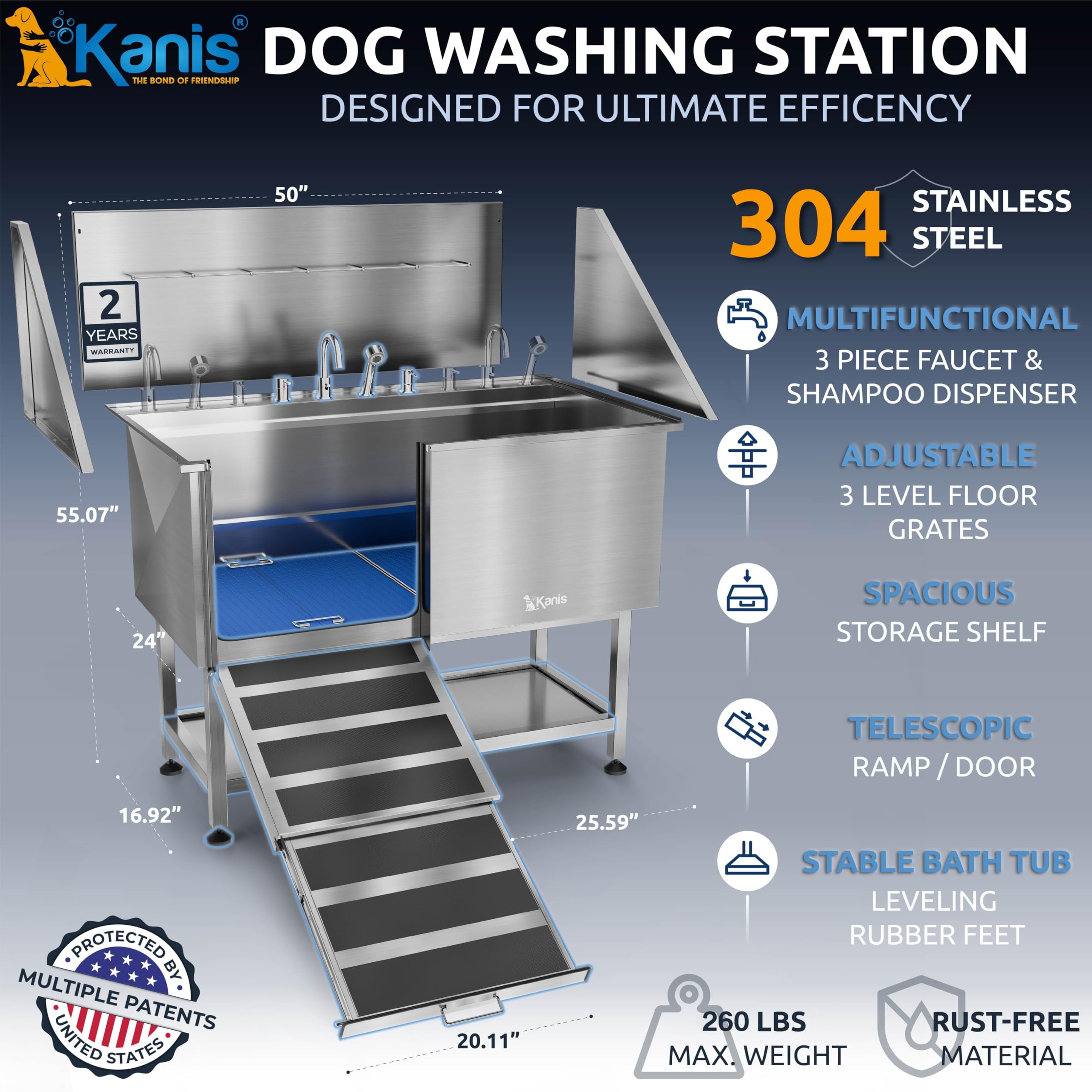 KANIS stainless-steel dog bath tub demonstrates durable, rust-resistant build for daily grooming.