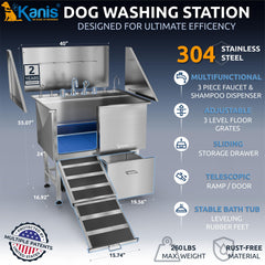 KANIS stainless steel dog wash tub offers durable corrosion-resistant cleanliness.