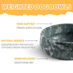 Karibiber natural marble dog bowl closeup emphasizing green hue and smooth surface for easy cleaning