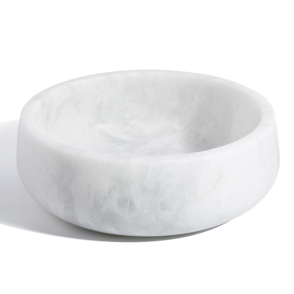 Karibiber white marble dog bowl front view with stable non-slip base for steady meals