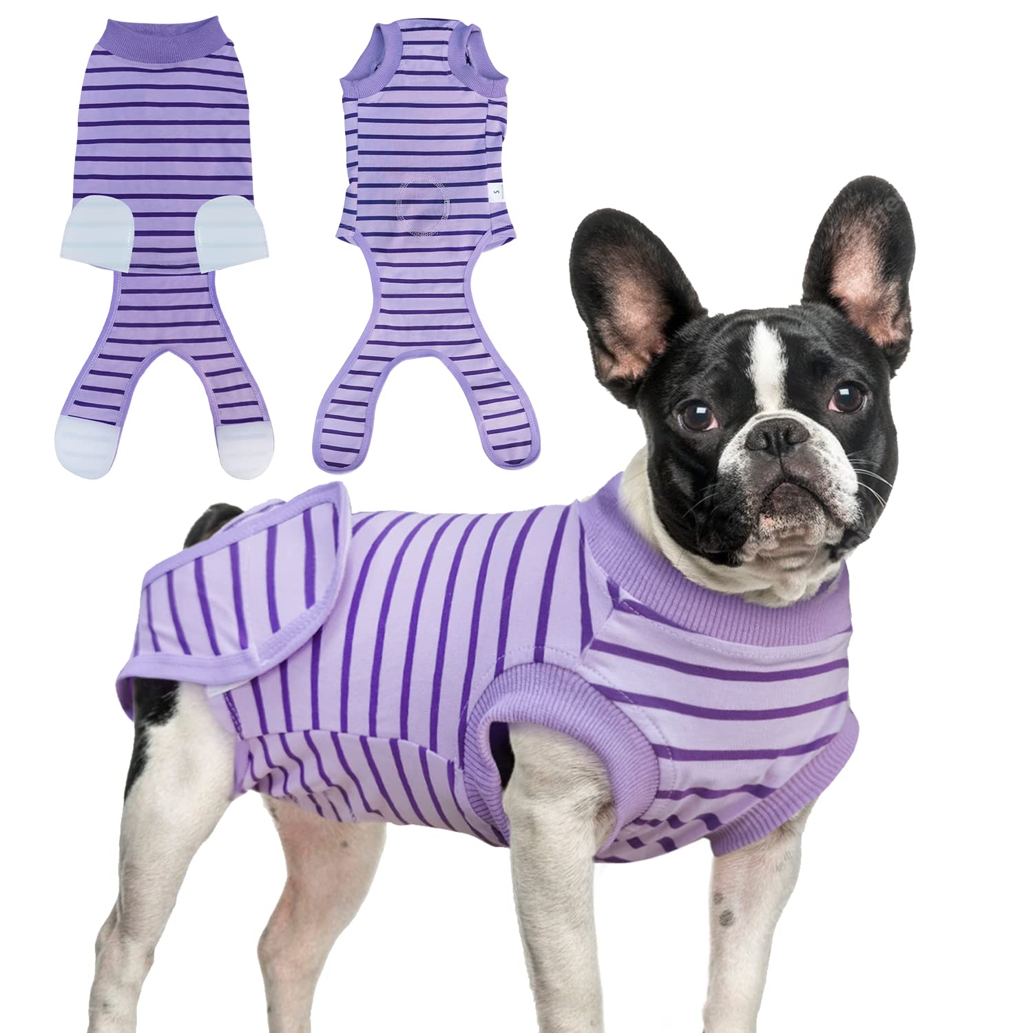 KAROKU dog recovery suit purple medium front view protects wounds and supports mobility