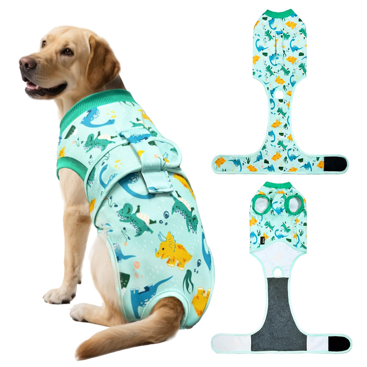 KAROKU Recovery Suit worn by a dog for post-surgery comfort.