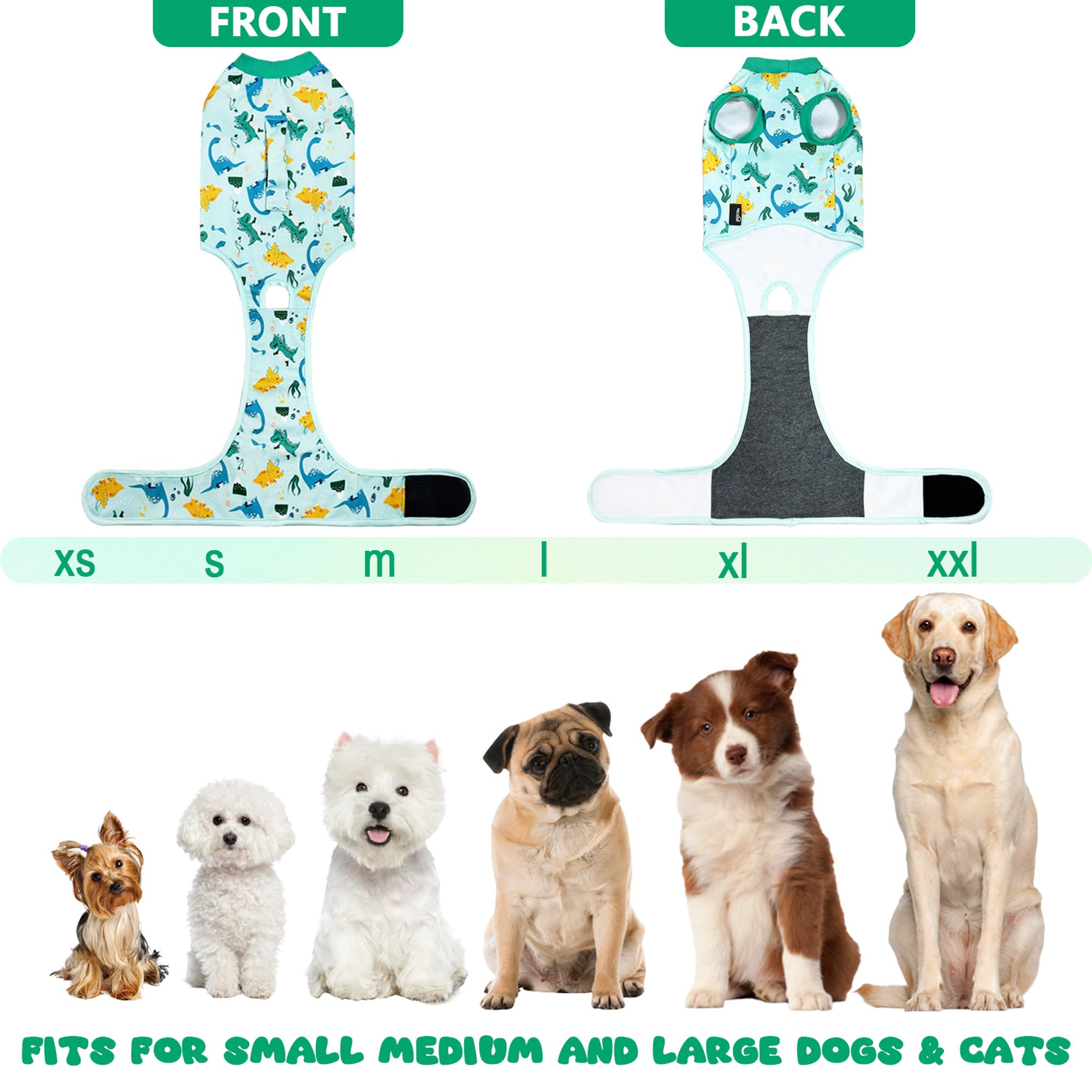 KAROKU recovery suit green breathable fabric keeps your pet comfortable.