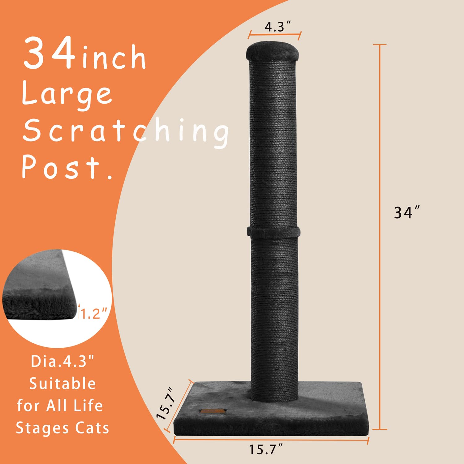 Karolpar 34-inch cat scratching post with sisal rope detail provides satisfying texture for scratching.