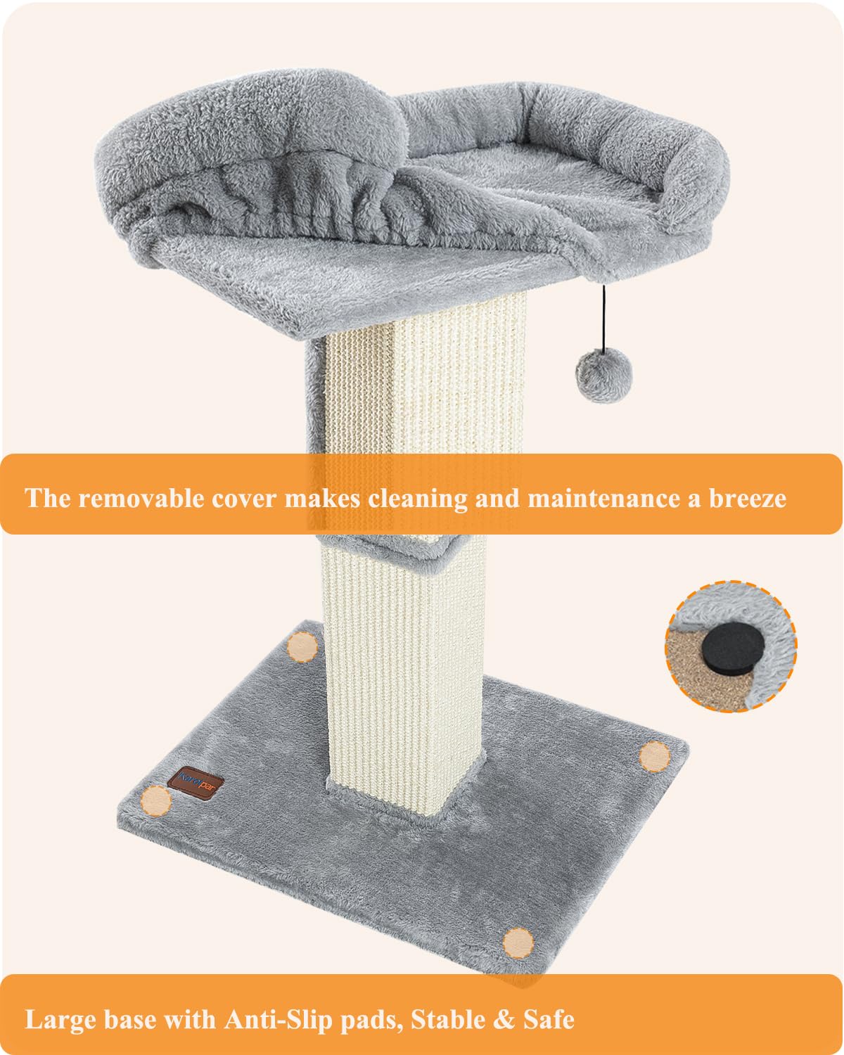 Karolpar cat scratch post bed offers resting space between playful sessions.
