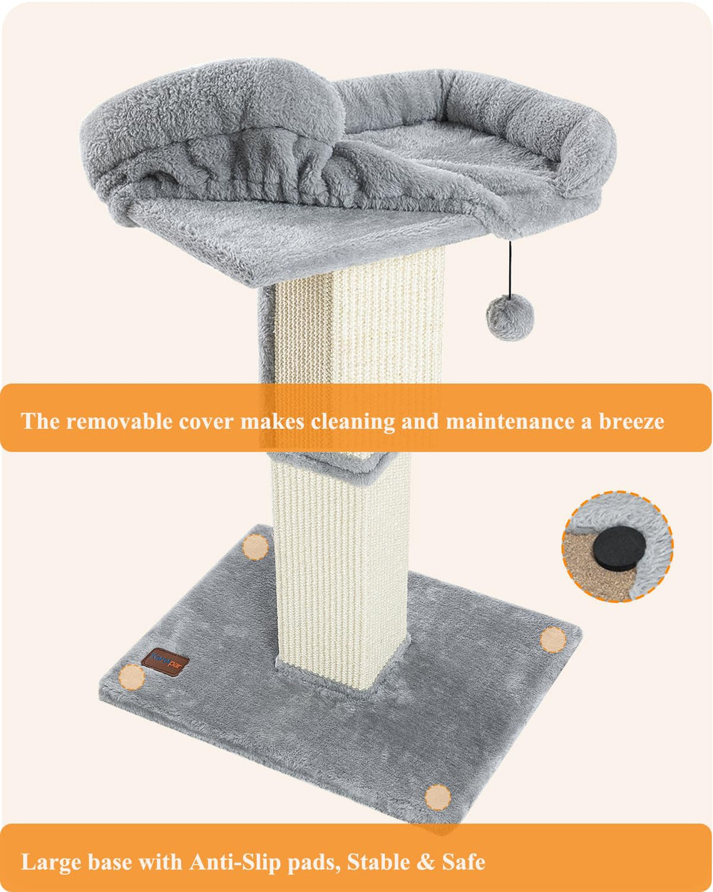 Karolpar cat scratch post bed offers resting space between playful sessions.