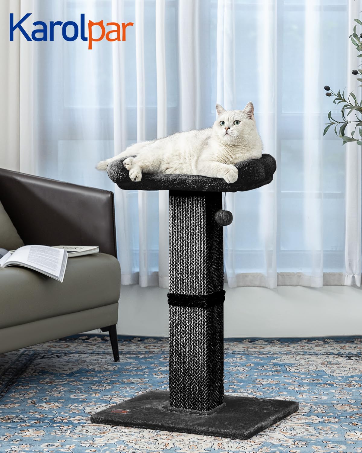 Karolpar cat scratching post with plush perch offers a cozy resting spot after play.