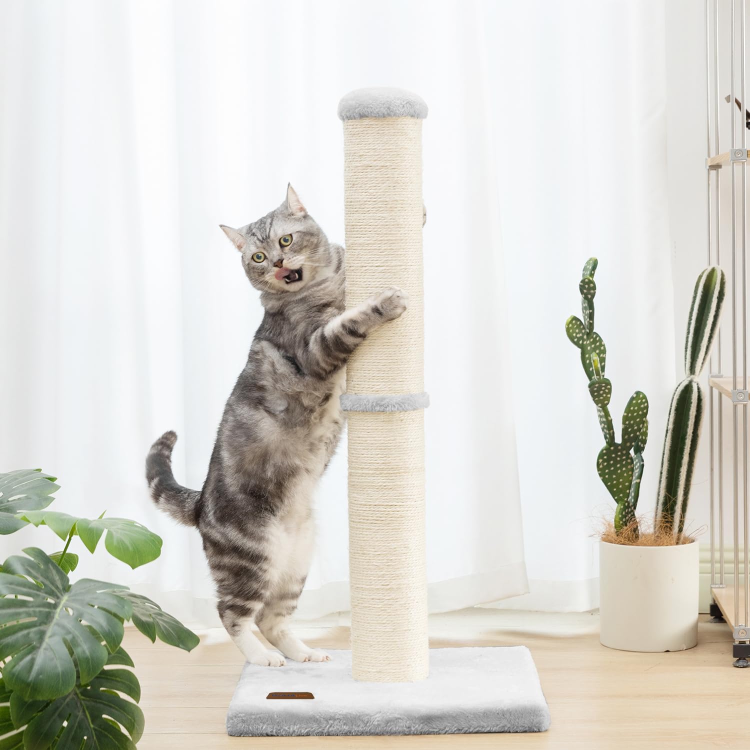Karolpar grey indoor cat post shows stability and a non-slip design.
