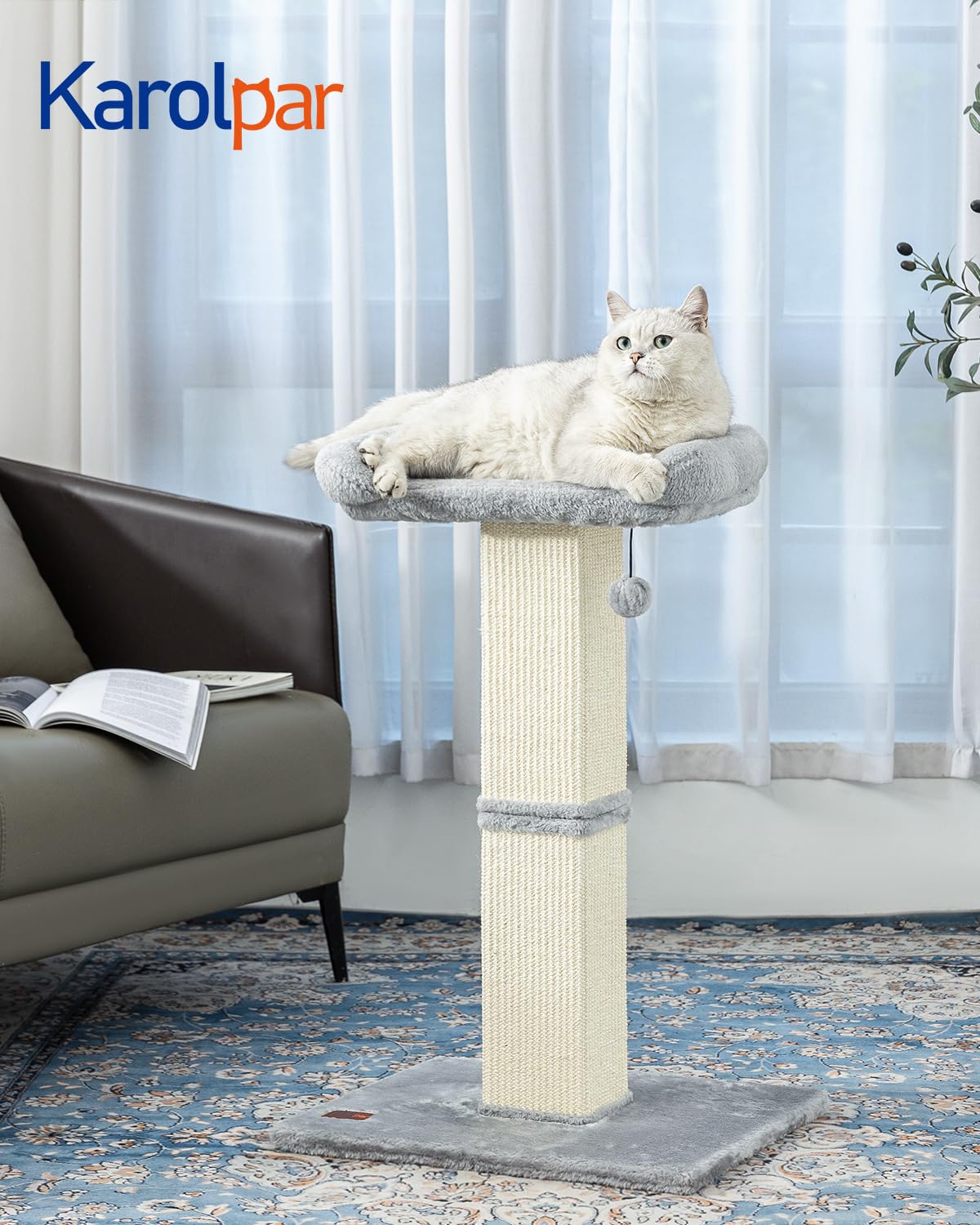 Karolpar plush perch provides cozy resting spot for cats during playtime.
