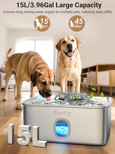 Kastty 3.96 gal dog water fountain front view highlights a sleek stainless steel body for easy cleaning.