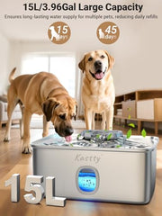 Kastty 3.96 gal dog water fountain front view highlights a sleek stainless steel body for easy cleaning.