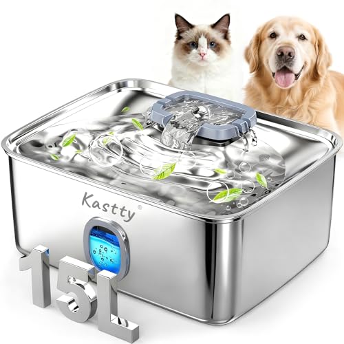 Kastty 3.96 gal dog water fountain side view shows large capacity for multi-pet hydration.