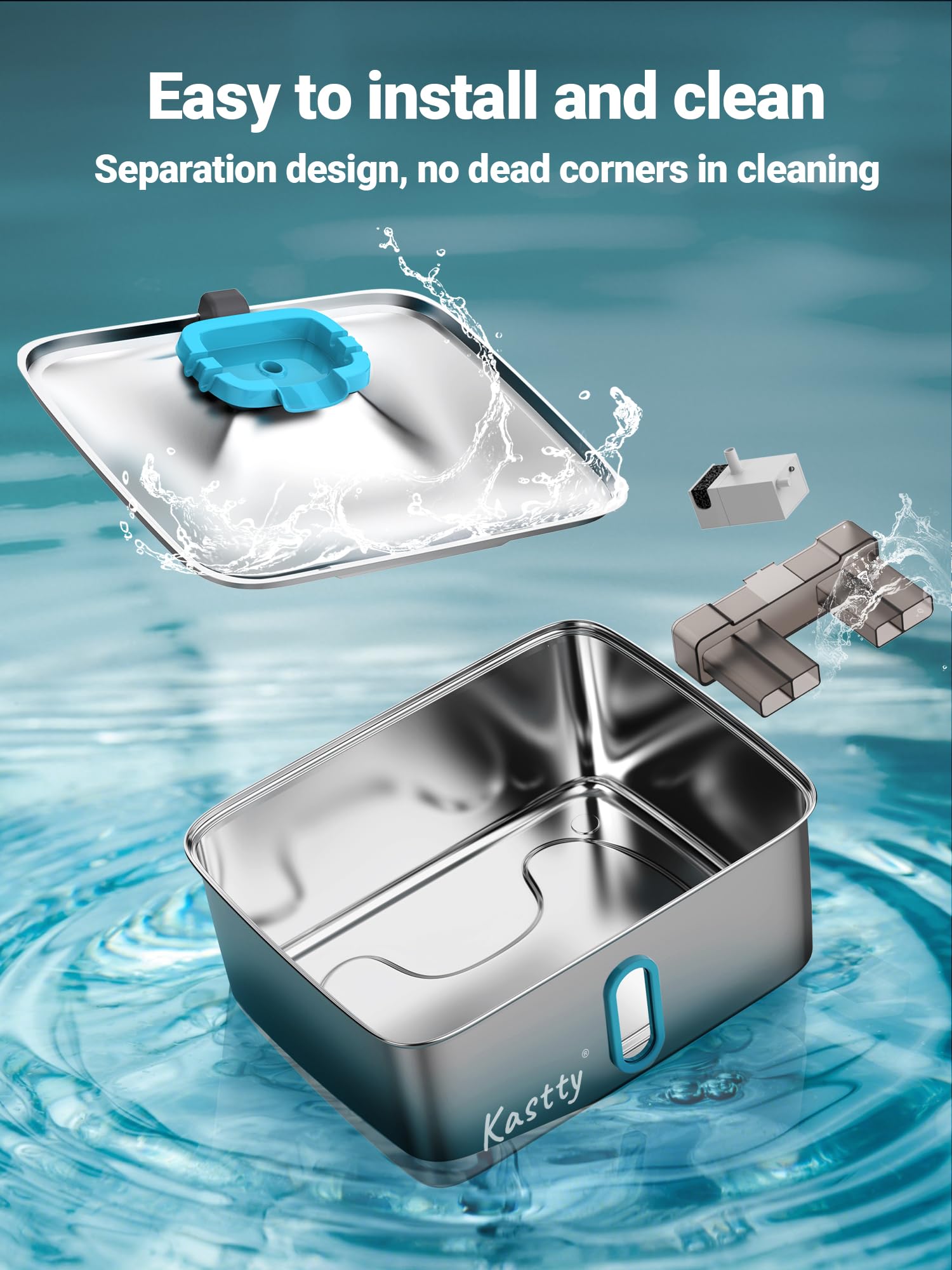 Kastty blue finish fountain adds stylish, space-saving hydration station.