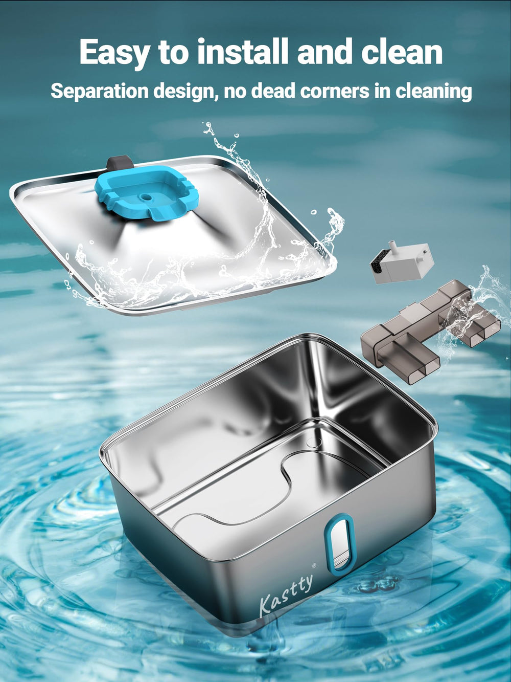 Kastty blue finish fountain adds stylish, space-saving hydration station.
