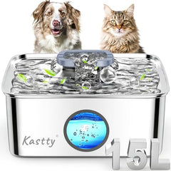 Kastty dog water fountain 15L capacity with visual window for easy monitoring.