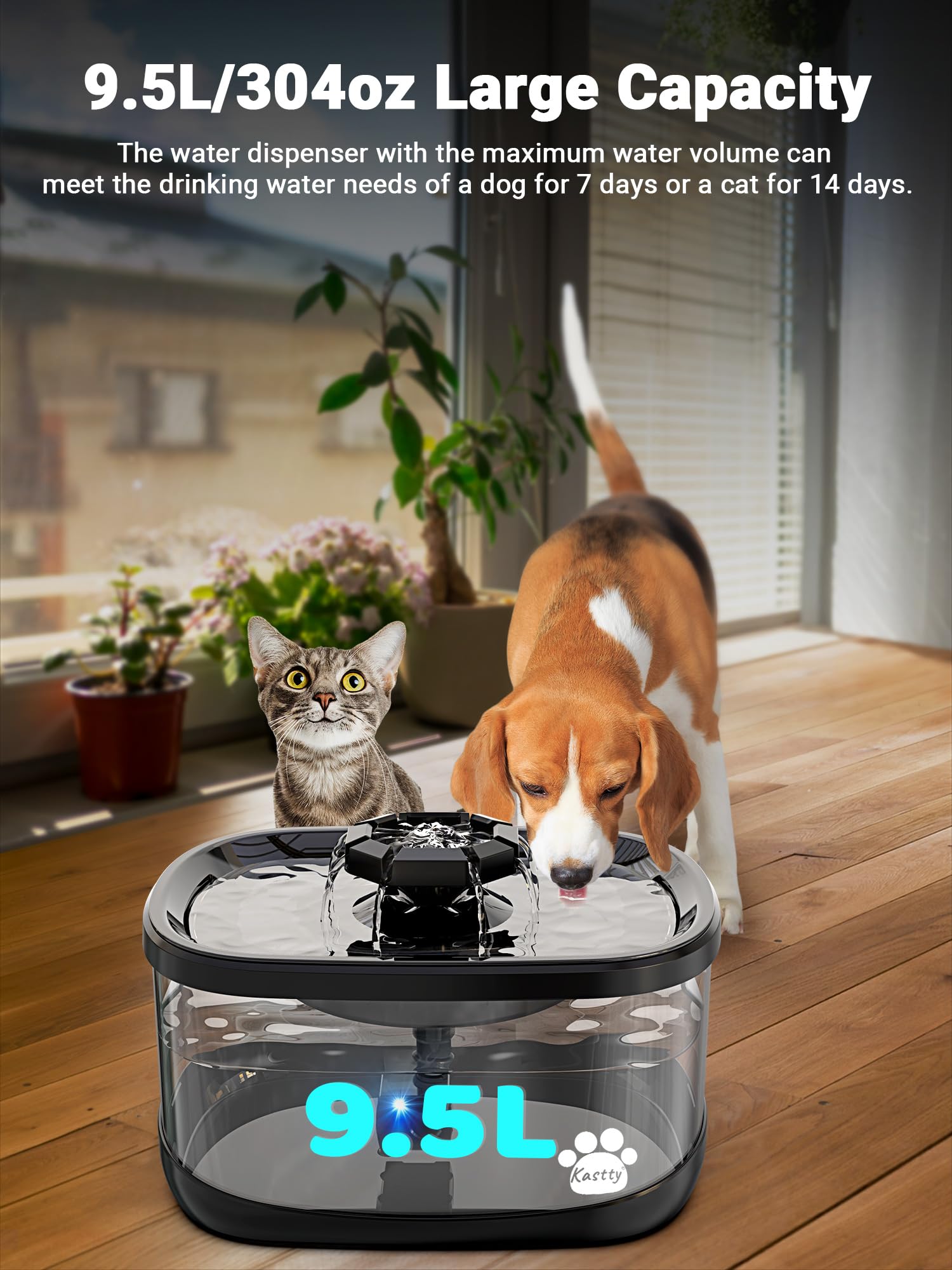 Kastty dog fountain showing three flow modes to attract pets to drink