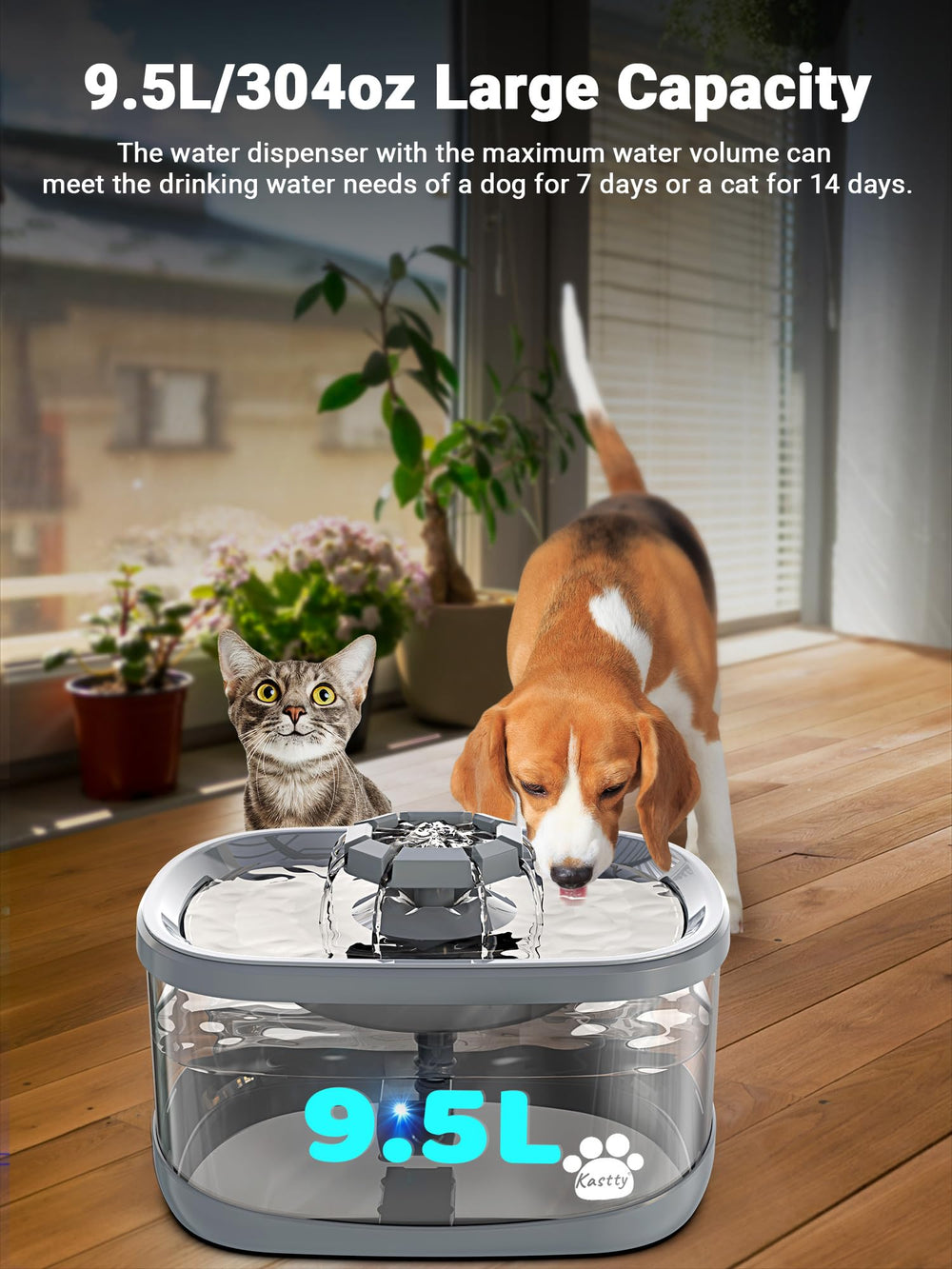 Kastty dog water fountain features three flow designs to attract pets.