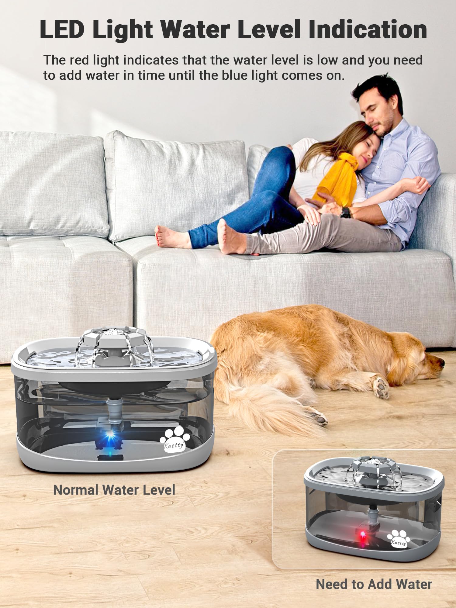 Kastty dog water fountain transparent tank with LED indicator for refilling.