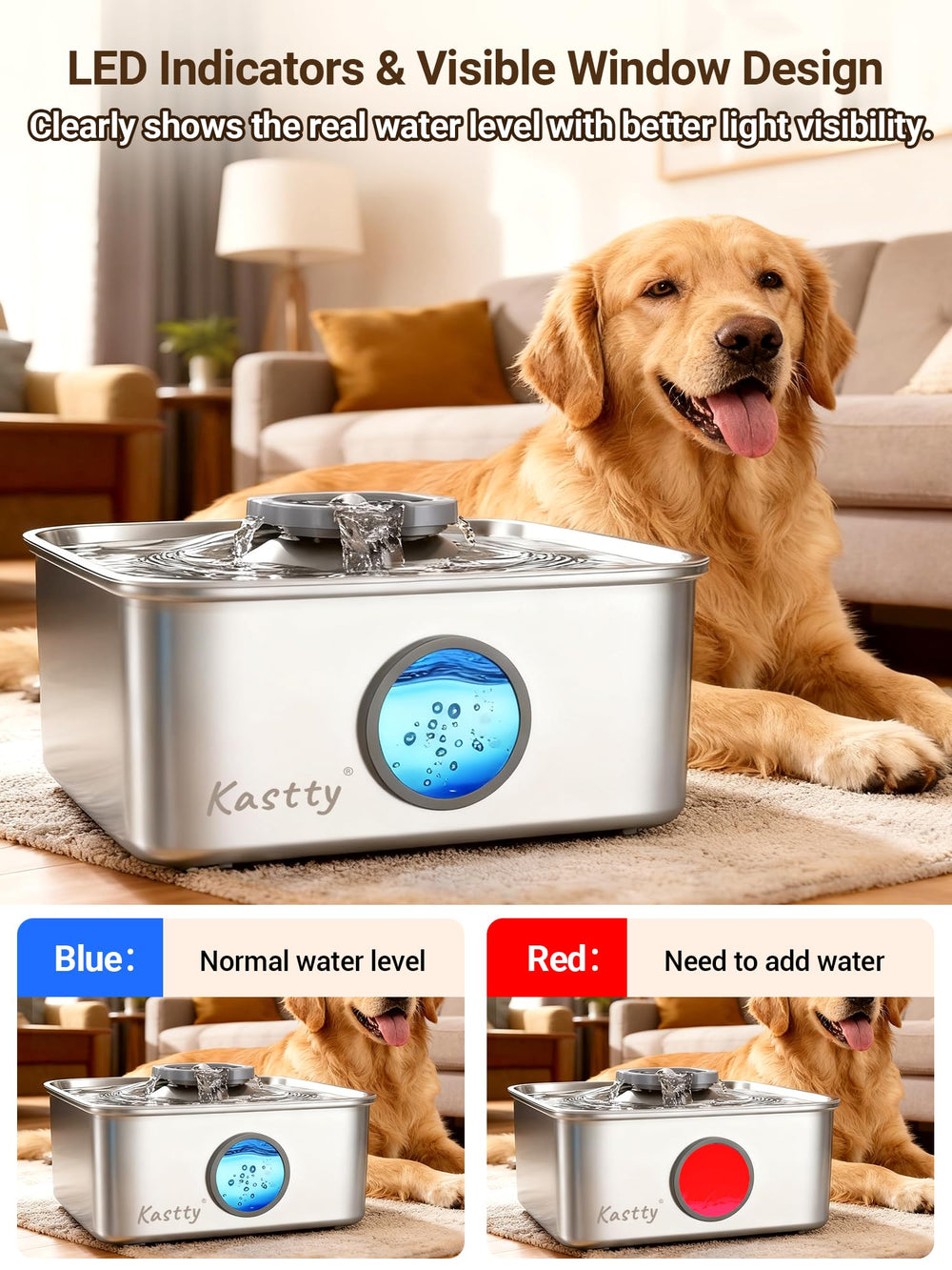 Kastty LED water level indicator helps know when to refill after play.