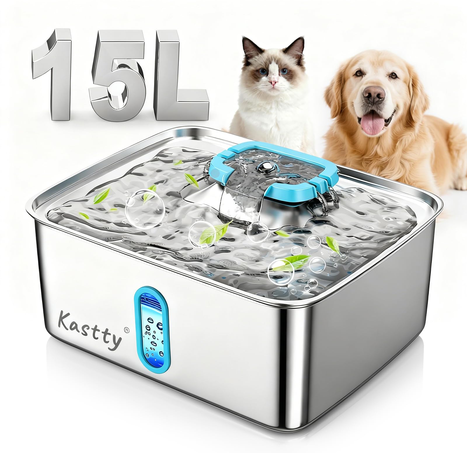 Kastty large-dog-water-fountain shows 15L capacity for multi-pet hydration.