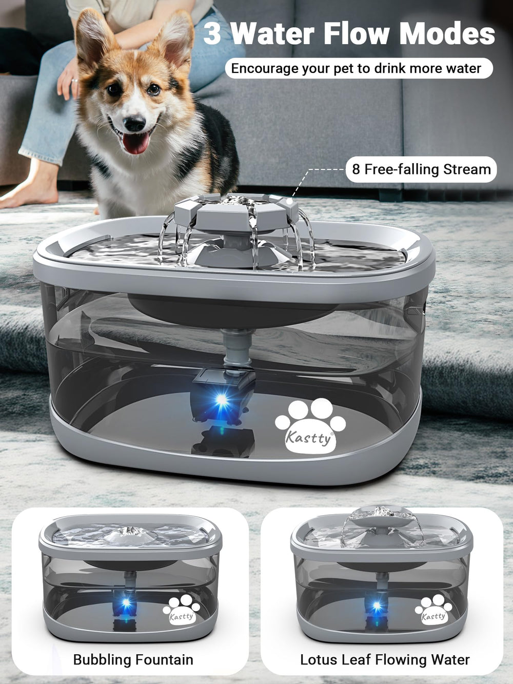 Kastty dog water fountain with smart LED pump for easy monitoring.