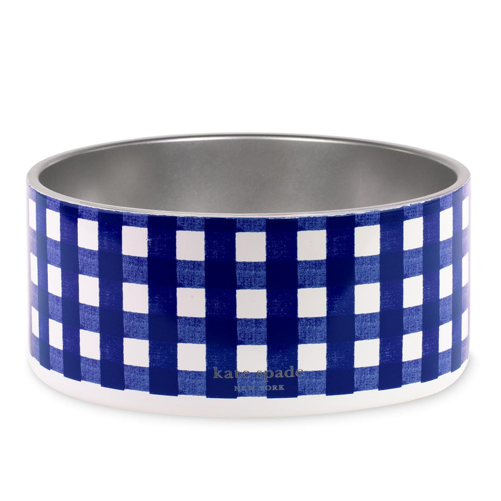 kate spade new york dog dish navy gingham front view shows compact, non-slip feeding bowl.