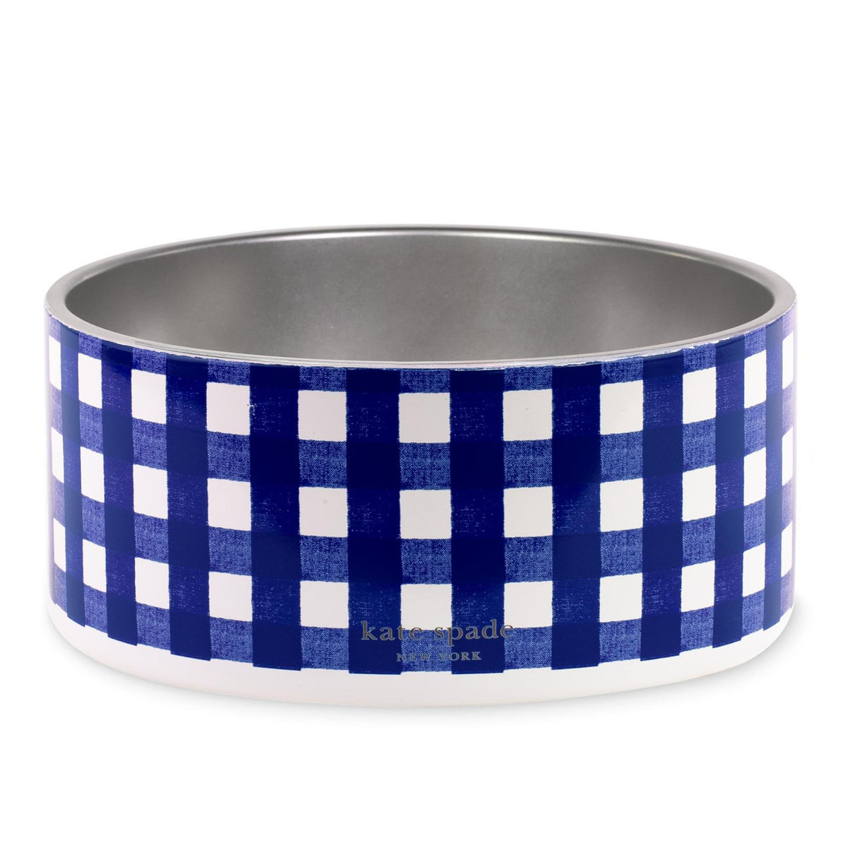 kate spade new york dog dish navy gingham front view shows compact, non-slip feeding bowl.