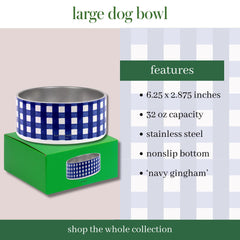 kate spade new york dog dish navy gingham side view highlights rust-resistant, easy-clean design.