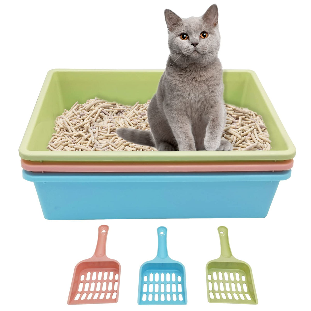 Kathson 3PCS Open Cat Litter Box Set with scoop for clean multi-pet homes