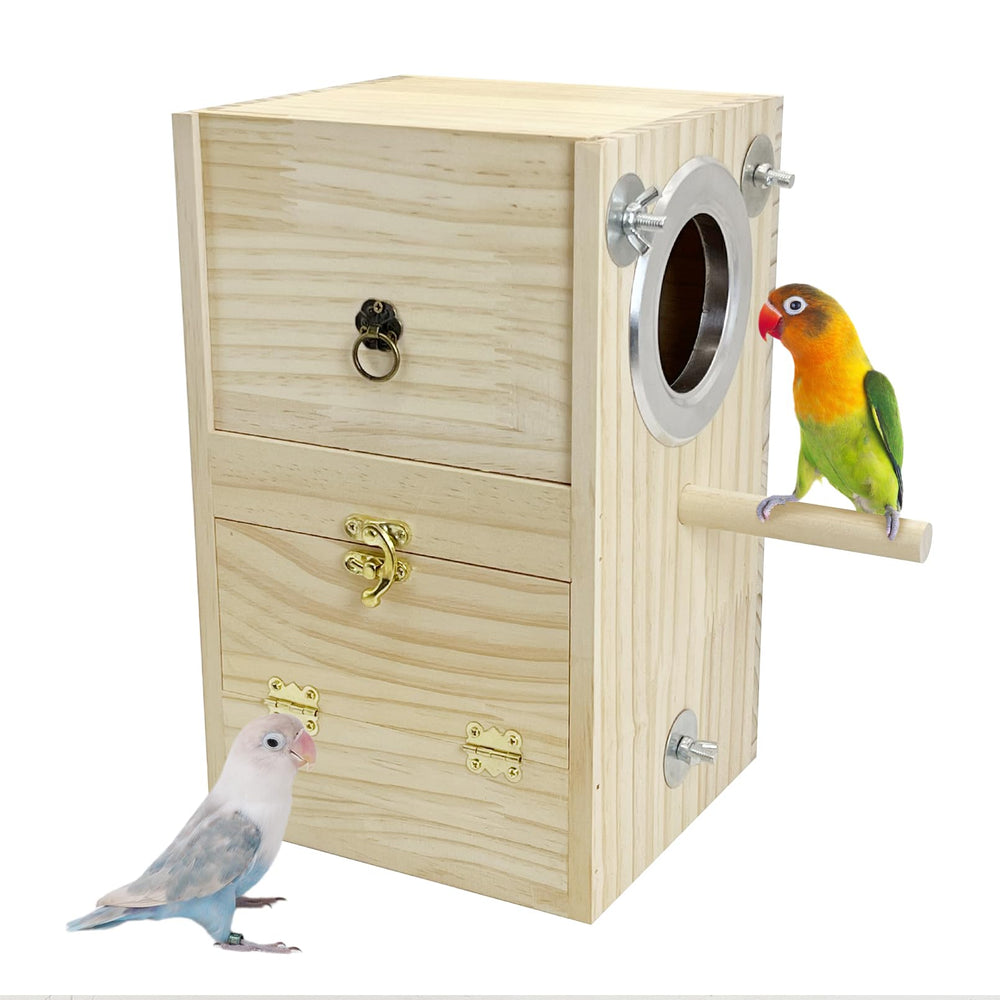 Kathson bird nesting box in natural pine wood provides sturdy nesting materials.