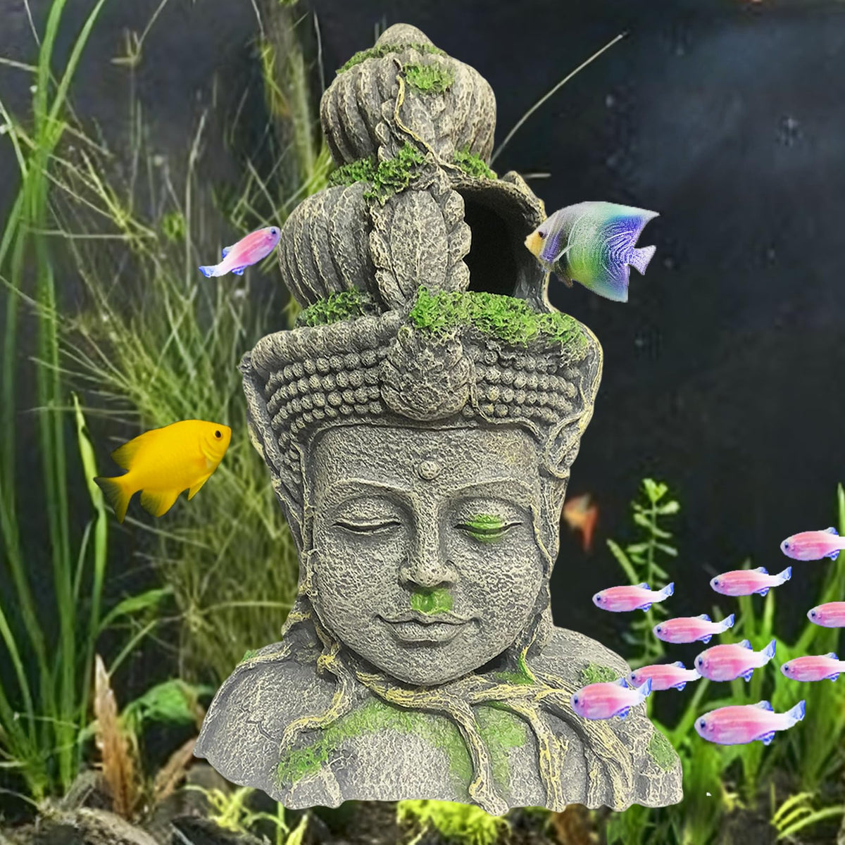 Kathson Buddha Head Aquarium Decor front view adds a calming focal point to tanks
