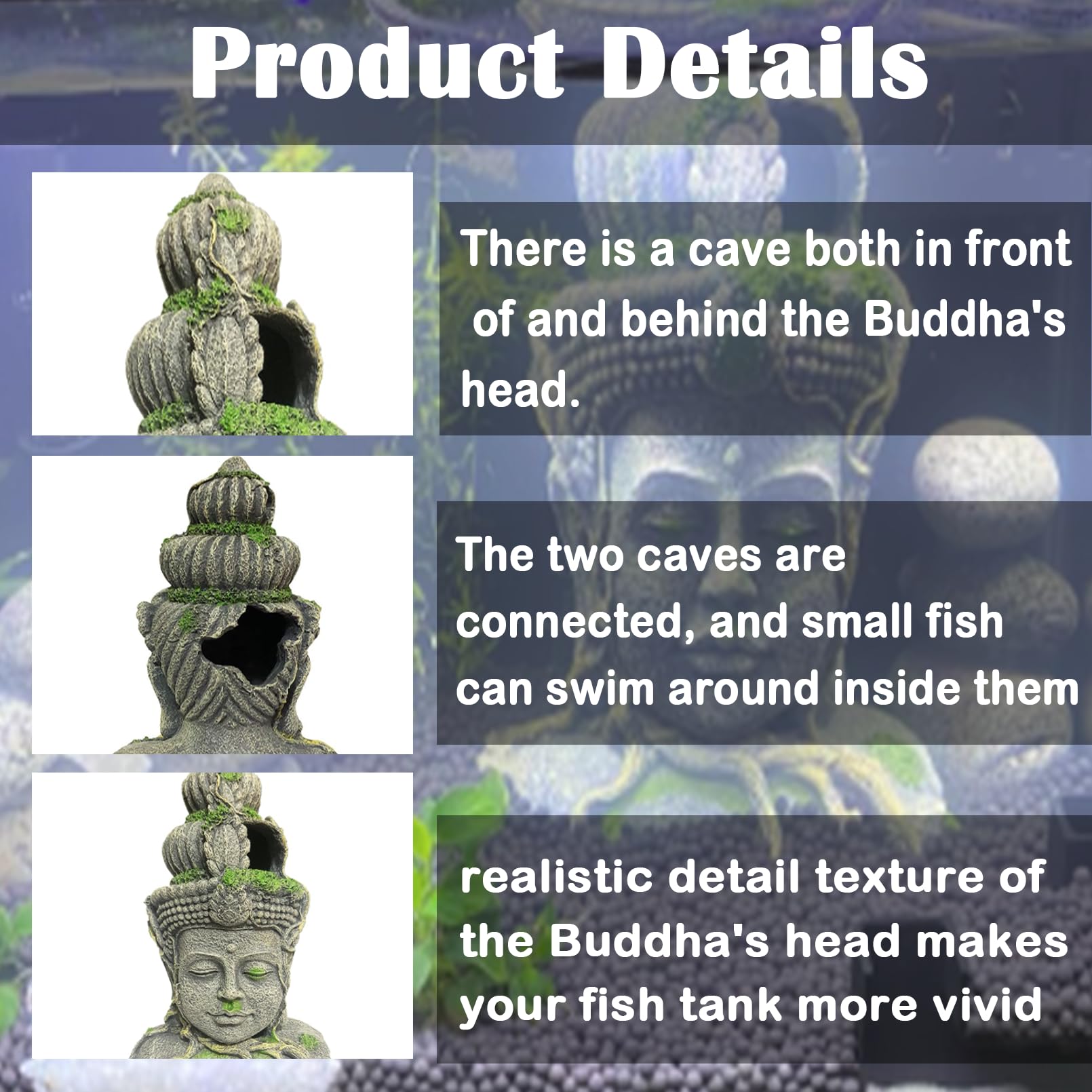 Kathson Buddha Head Aquarium Decor holes for fish illustrate functional hide-and-swim spots