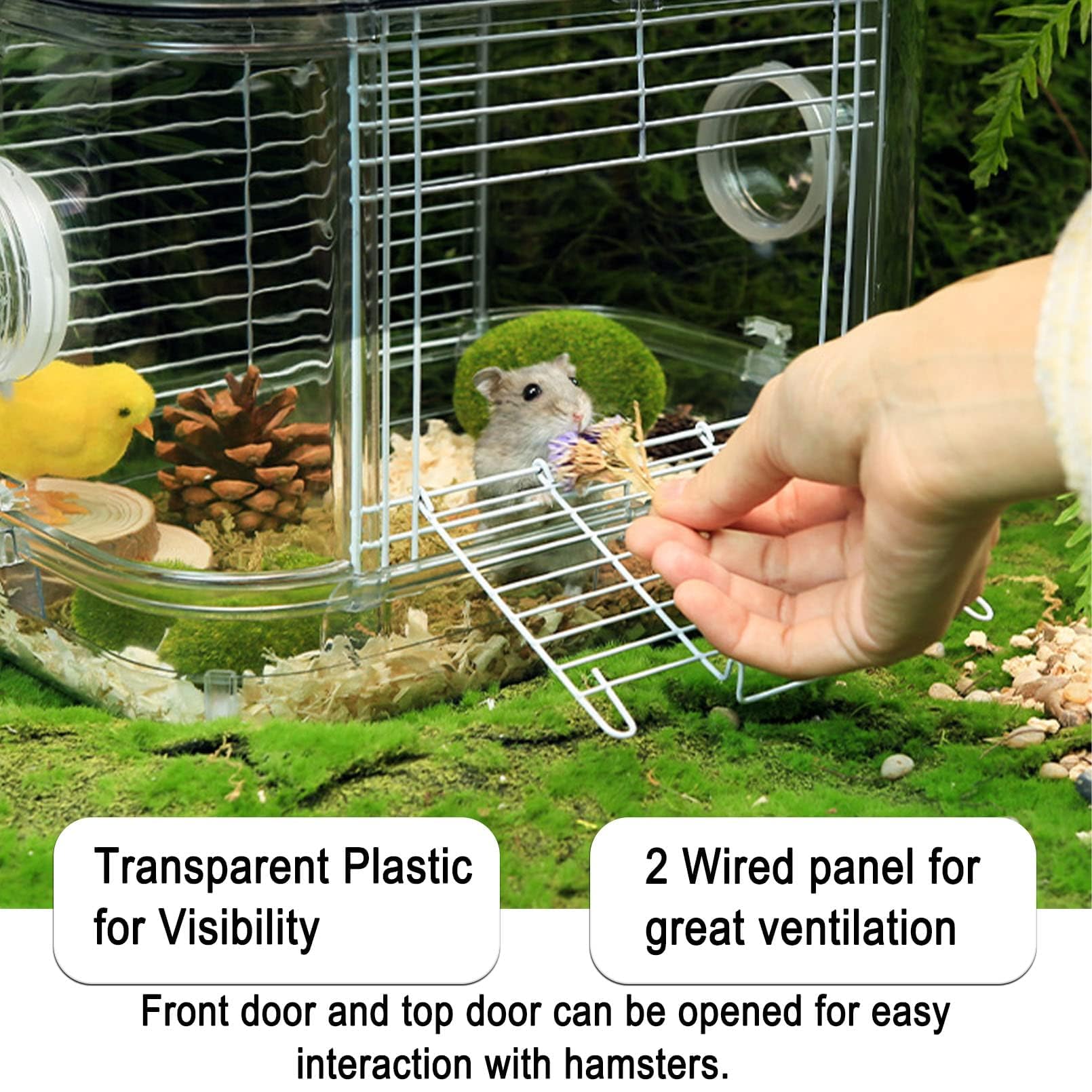 Kathson hamster cage front door enables quick feeding and playtime.