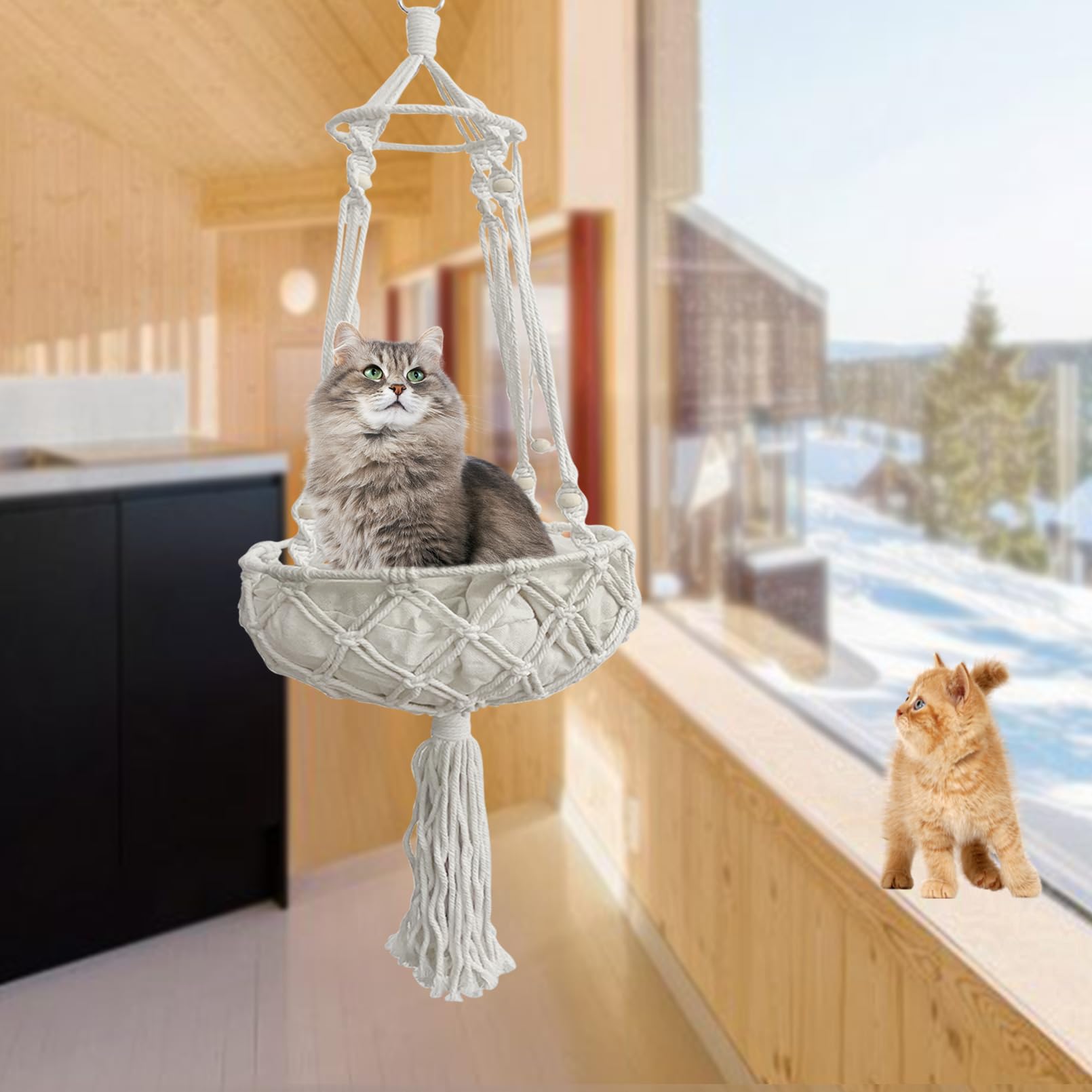 Kathson hanging cat bed assembly shows easy setup for indoor use.