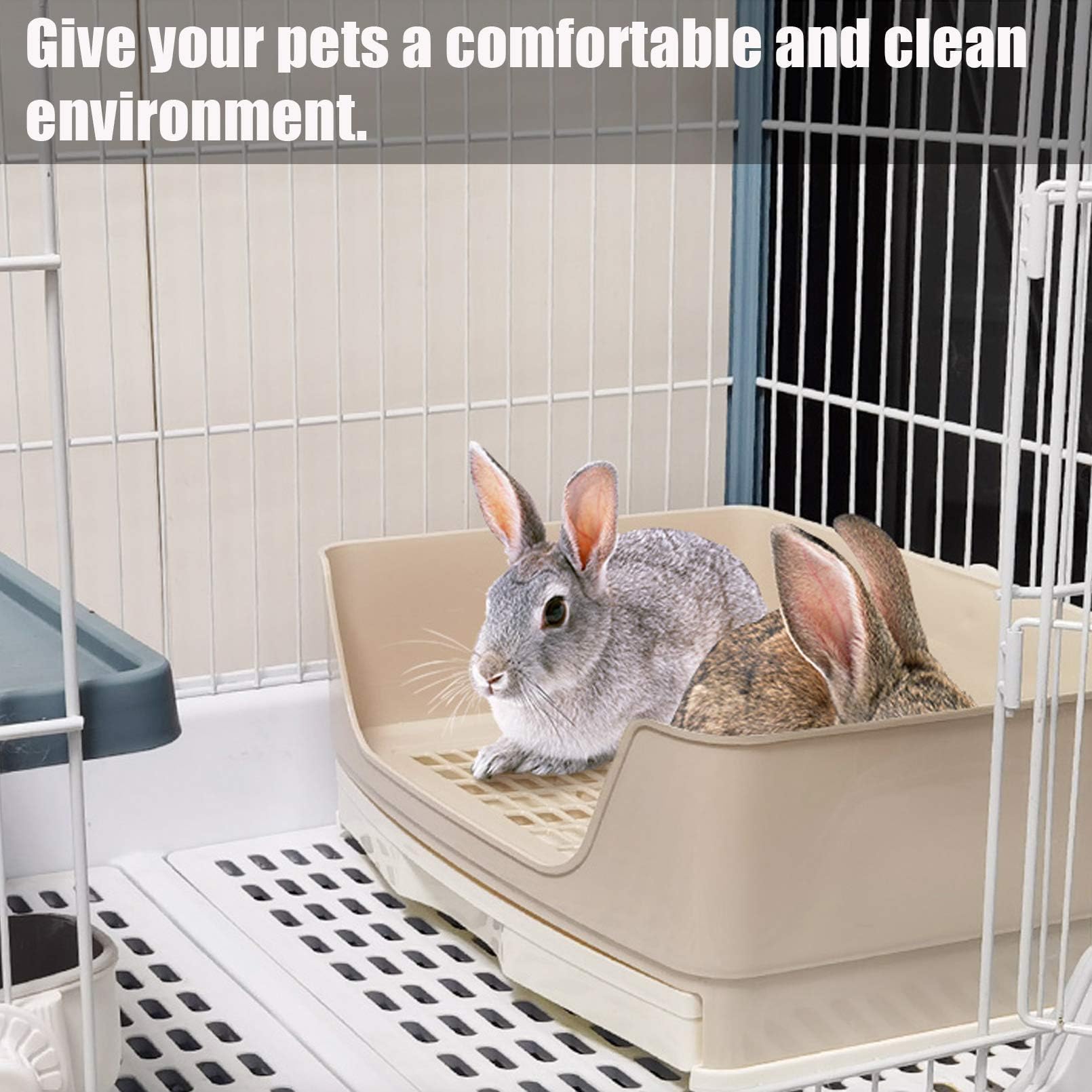 Kathson large rabbit litter box brown finish blends with habitats and resists stains.
