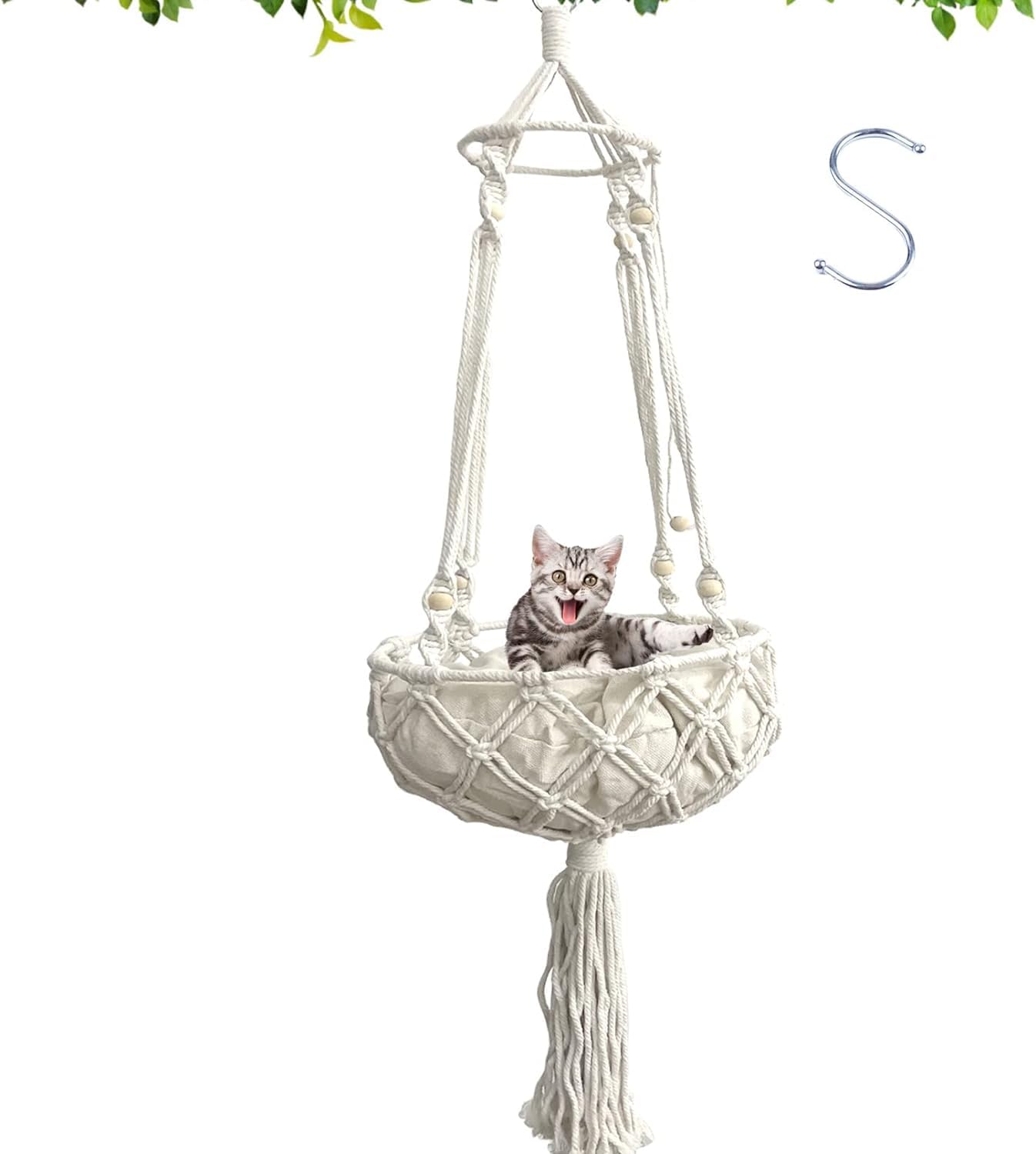 Kathson macrame cat hammock cushion detail offers cozy lounging for cats.